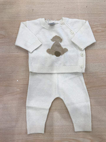 Tutina Petit Bateau in lana due pezzi panna con coniglietto beige ricamato al centro sul davanti