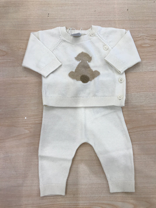 Tutina Petit Bateau in lana due pezzi panna con coniglietto beige ricamato al centro sul davanti