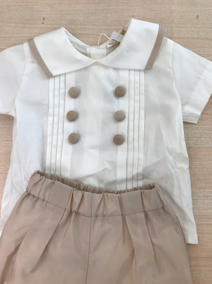 Completo Cielo Blu in cotone camicia mezza manica con pieghe con bottoncini sul davanti collo con profilo con pantalone a sbuffo