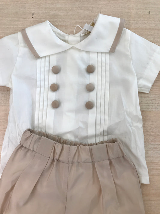Completo Cielo Blu in cotone camicia mezza manica con pieghe con bottoncini sul davanti collo con profilo con pantalone a sbuffo