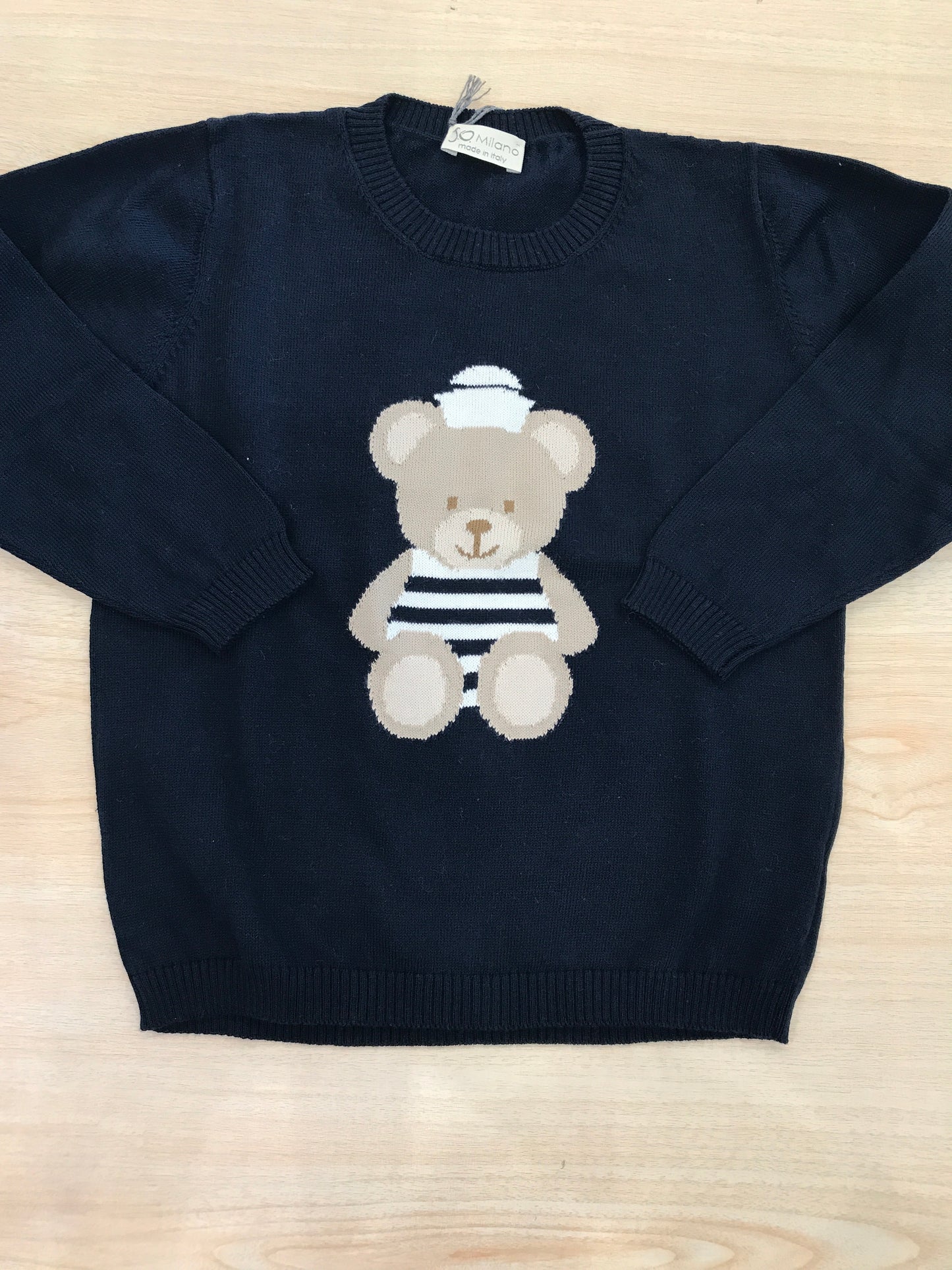 Maglione Jo Milano in filo manica lunga blu con orsetto marinaretto centrale