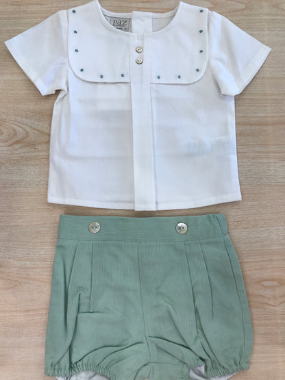 Completo Paz Rodriguez in cotone camicia mezza manica con bavettone e pois verdi con pantalone corto