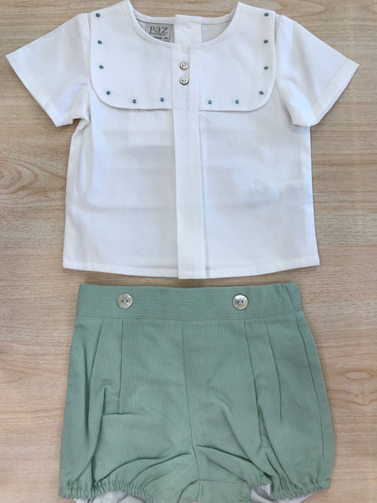 Completo Paz Rodriguez in cotone camicia mezza manica con bavettone e pois verdi con pantalone corto