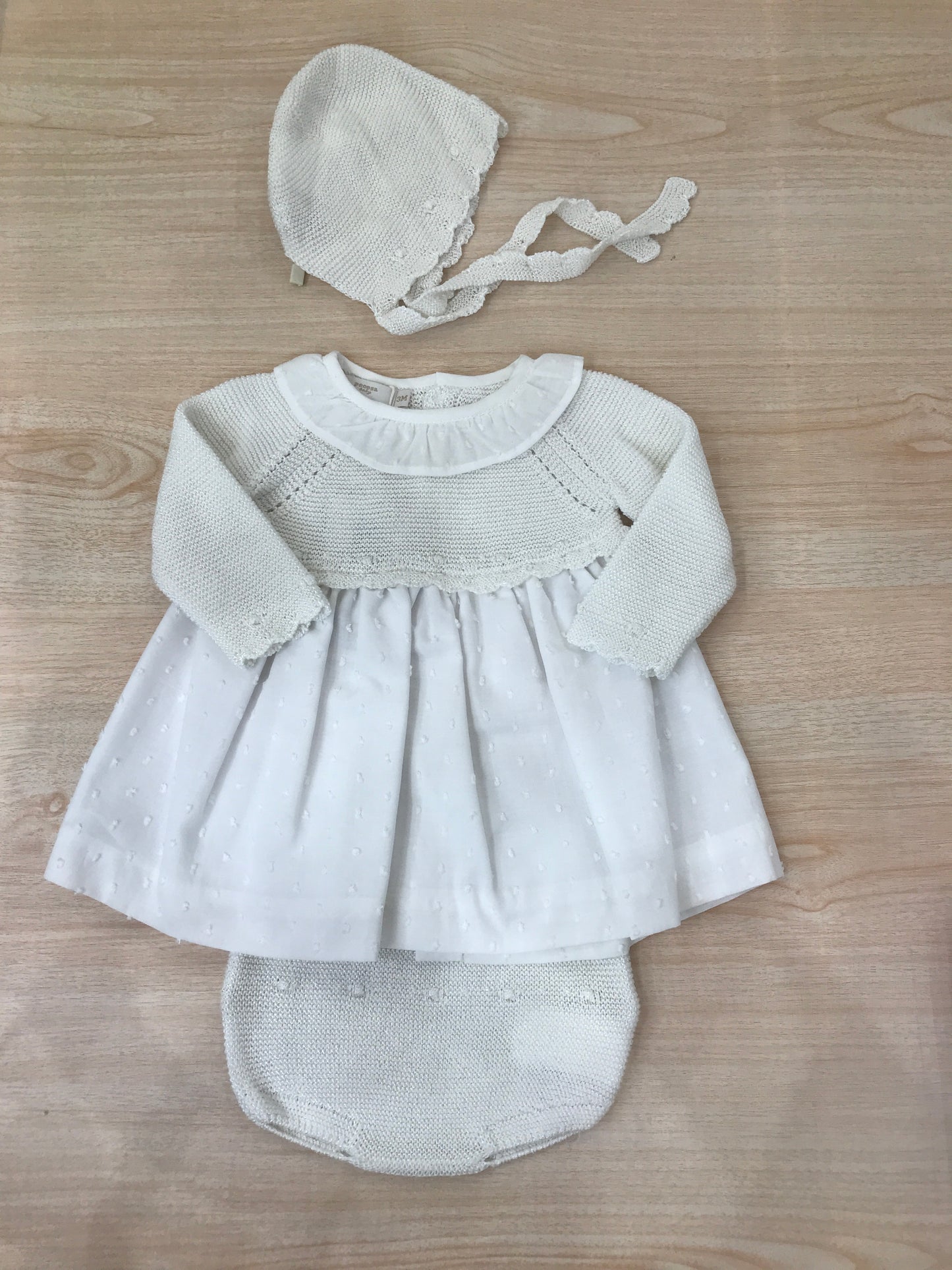 Abito PCS in filo manica lunga con colletto con rusche con culotte abbinata in filo