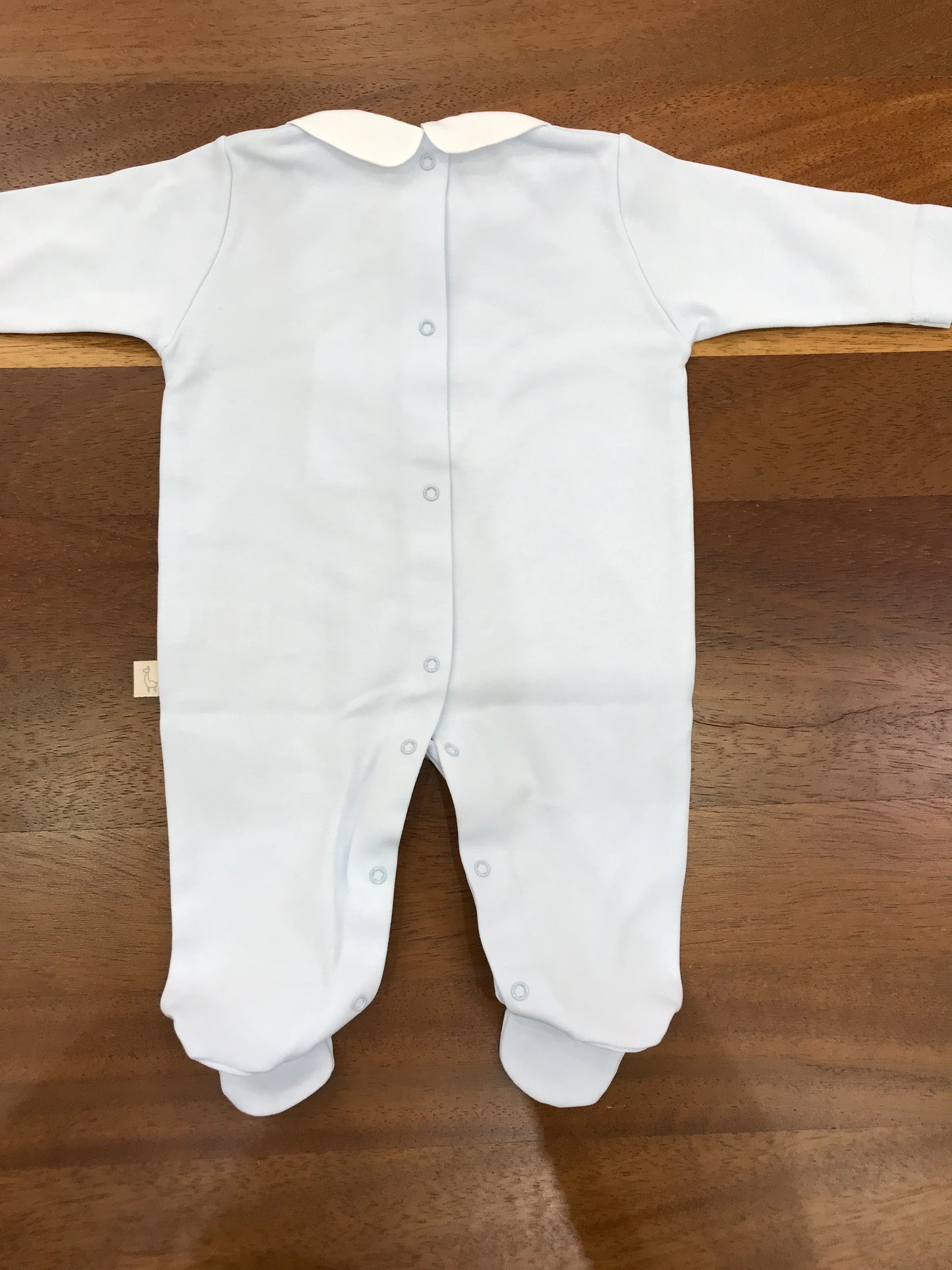 Tutina Baby Gi in cotone celeste manica lunga gamba lunga con piedini con orsetto ricamato al centro