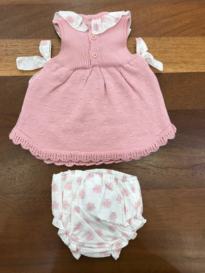 Completo Paz Rodriguez in filo rosa con fiocchetti con fiori rosa collo con rusche abbinata culotte bianca con fiori rosa