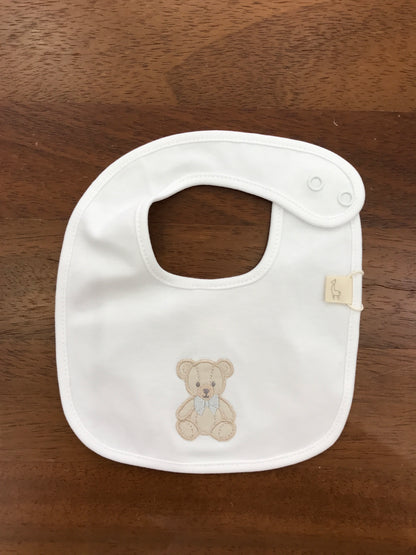 Bavetta Baby Gi in cotone bianco con orsetto ricamato sul davanti con fiocco grigio