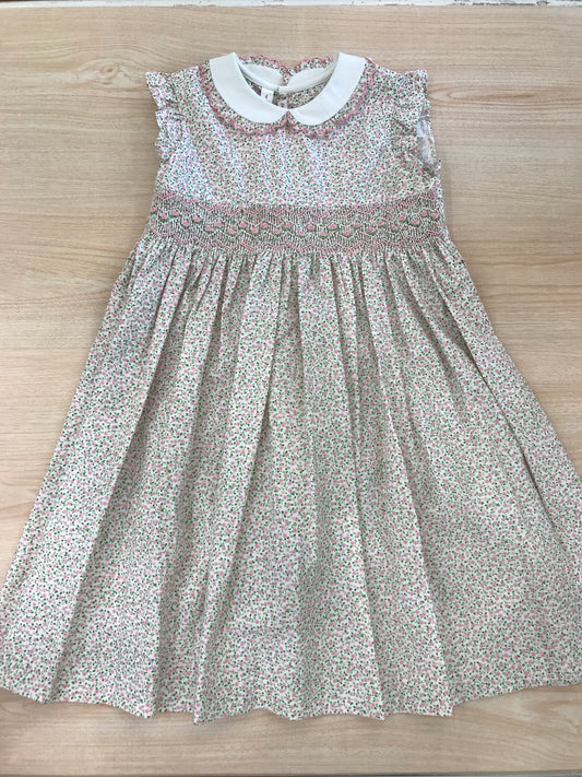 Abito Les Enfants de Gisele in cotone smanicato con rusche colletto bianco con rusche fantasia a fiorellini  con fascia lavorata da punto smock con rose ricamate