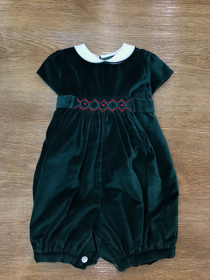 Pagliaccetto Les Enfants de Gisele in velluto verde mezza manica con fascia al centro in punto smock