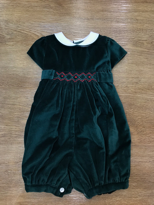 Pagliaccetto Les Enfants de Gisele in velluto verde mezza manica con fascia al centro in punto smock