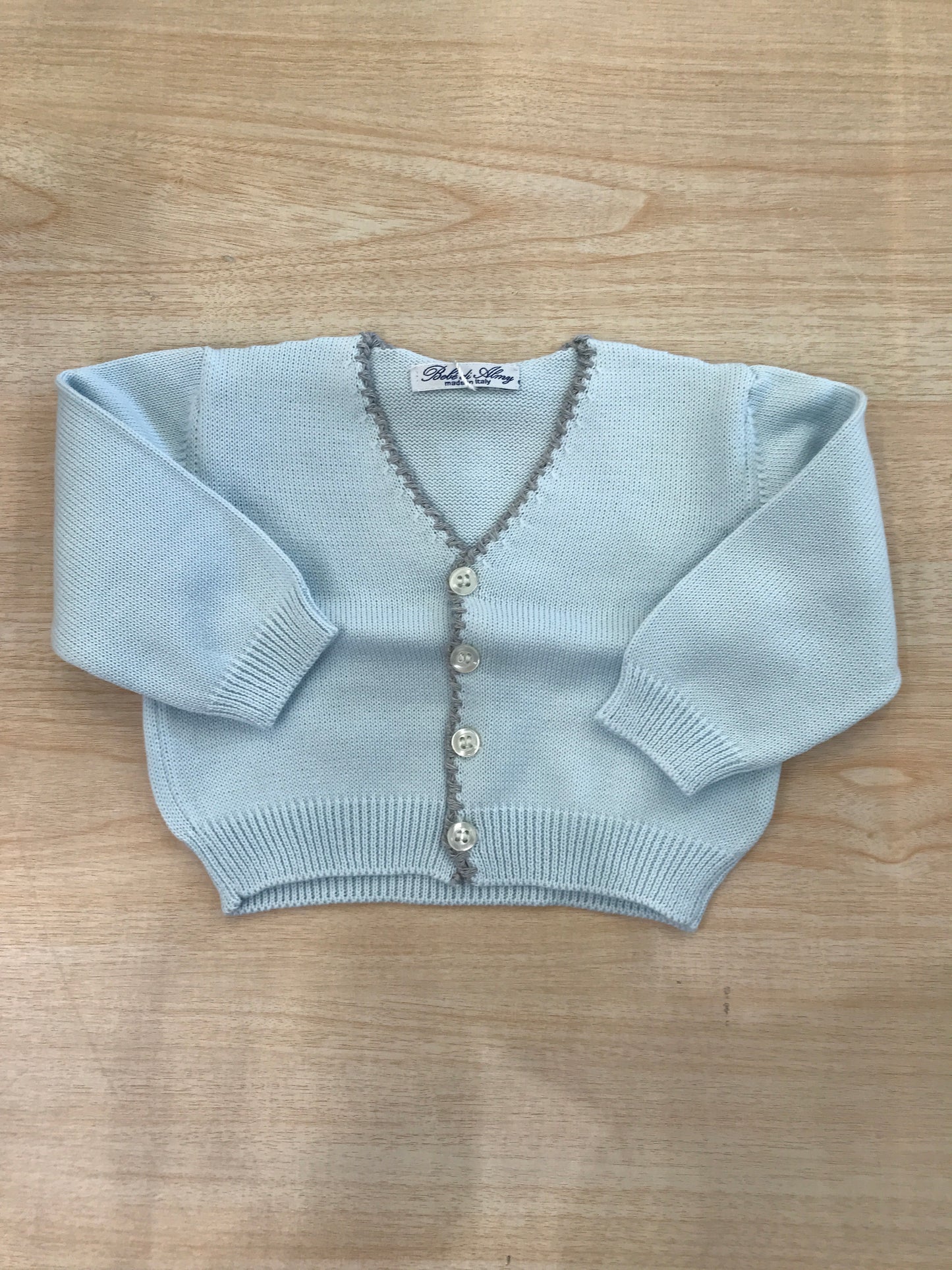Cardigan Bebè di Almy in filo celeste con rifiniture grigie