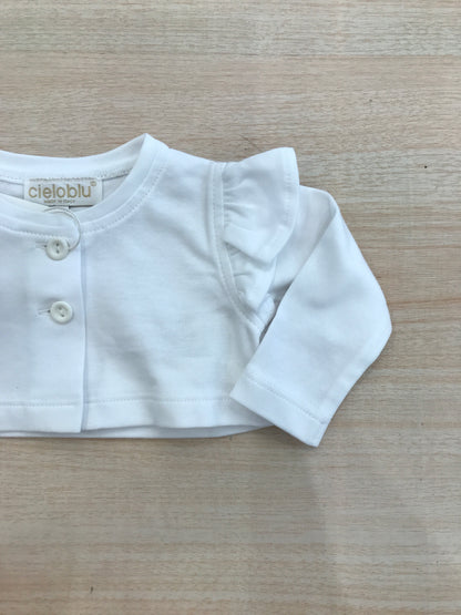 Cardigan Cielo Blu in cotone bianco con rusche e bottoncini