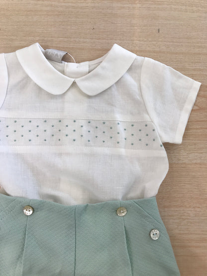 Completo Paz Rodriguez in cotone camicia mezza manica con corpetto lavorato con pois verdi con pantalone corto verde