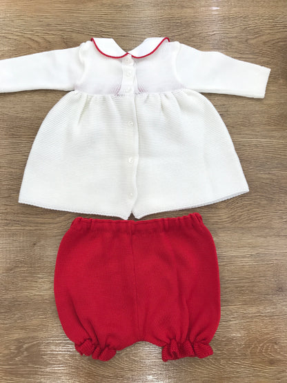 Completo Baby Lord in lana due pezzi panna con fiocco rosso e culotte rossa