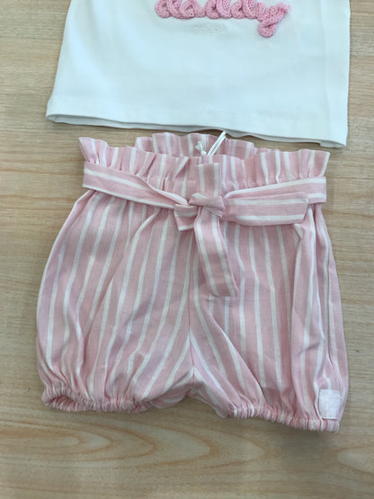 Completo Nanan in cotone t-shirt bianca con scritta rosa in rilievo con pantalone a righe bianche e rosa