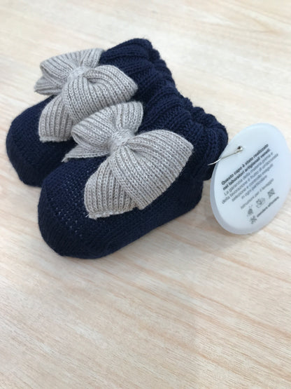 Babbucce Baby Lord in lana blu scuro con fiocco tortora