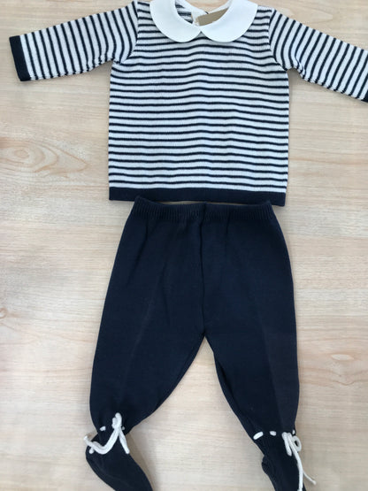 Tutina Baby Lord in filo due pezzi a righe bianche e blu con pantalone con piedini