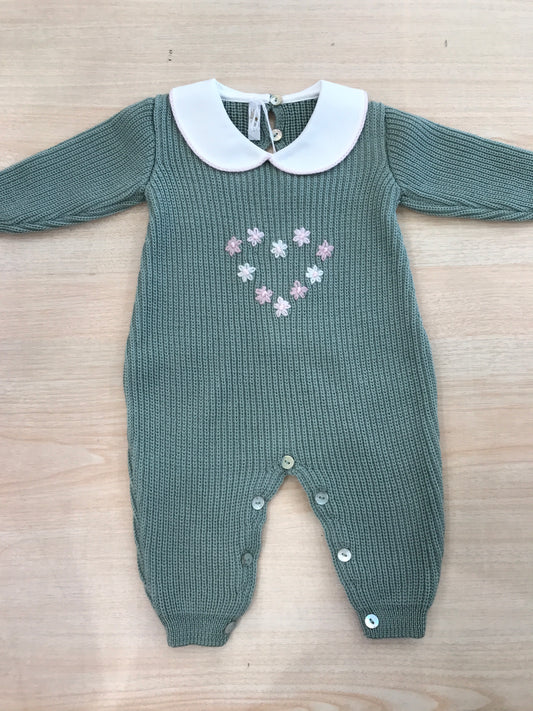 Tutina Baby Lord in lana manica lunga gamba lunga a costa inglese con cuore ricamato da margherite e colletto rifinito in rosa