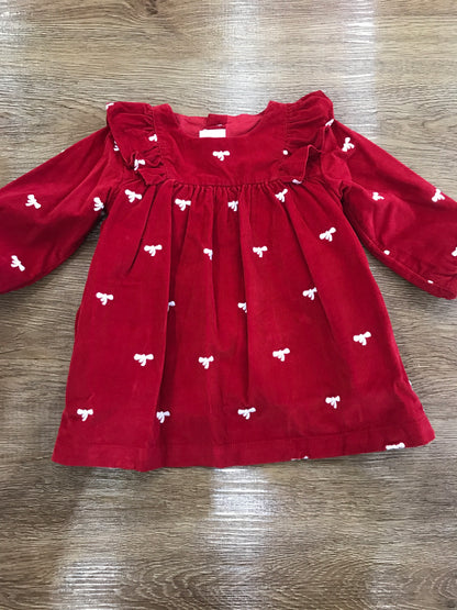 Abito Petit Bateau manica lunga a coste rosso con manica a sbuffo con rusche e piccoli fiocchetti ricamati bianchi