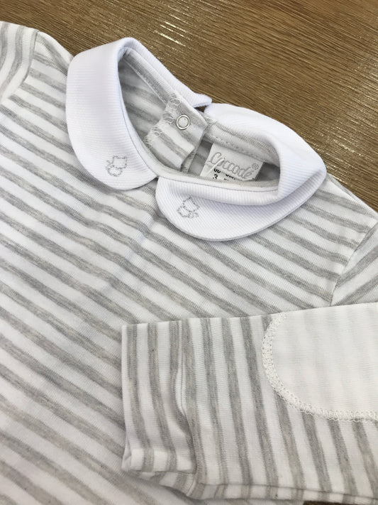 Tutina Coccodè in cotone a righe bianche e grigie con ricamo sul colletto