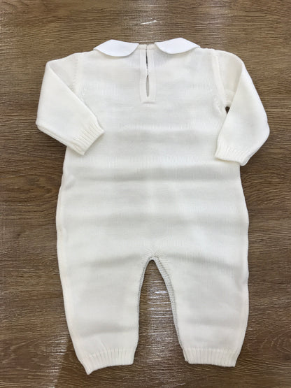 Tutina Baby Lord in lana panna con fiocchetto rosa ricamato