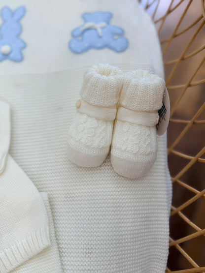 Coordinato nascita Baby Lord in pura lana con due pezzi con applicazione di orsetto e cappello con babbuccia coordinata