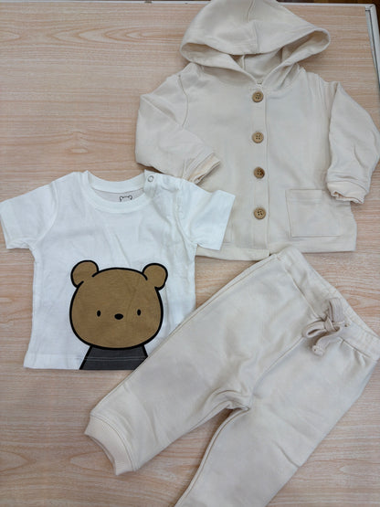 Tuta AVentiQuattrore in cotone beige tre pezzi t-shirt felpina e pantalone lungo con sacca abbinata decorato da orsetti