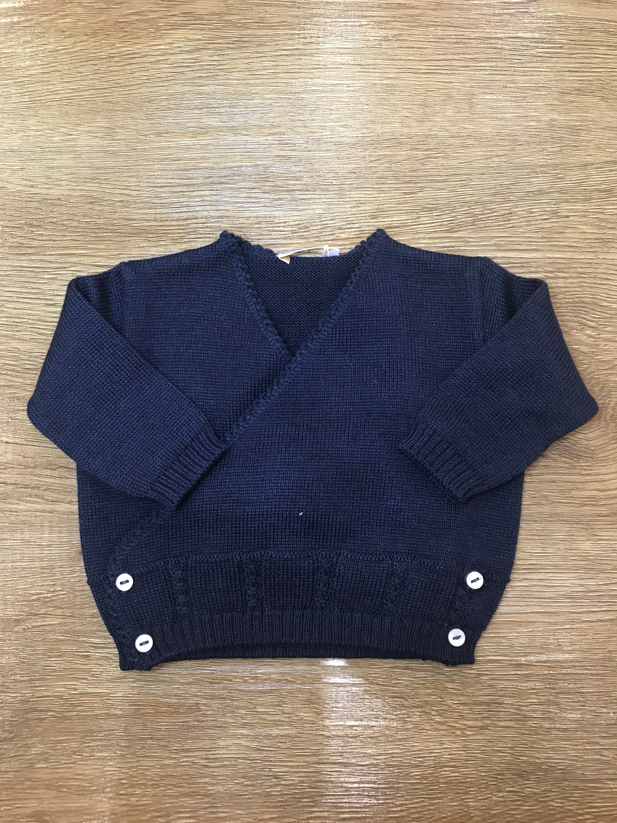 Cardigan Baby Lord in lana blu scuro ad incrocio con piccoli bottoncini