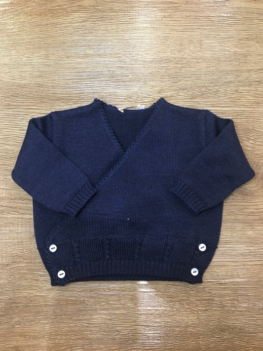 Cardigan Baby Lord in lana blu scuro ad incrocio con piccoli bottoncini