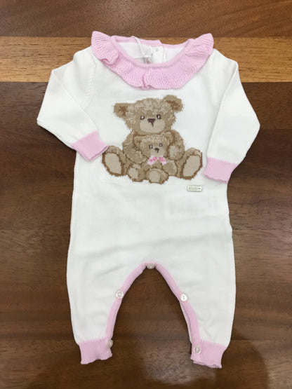 Tutina Le Bebè in filo di cotone bianca con dettagli rosa con rusche ed orsetti ricamati sul davanti