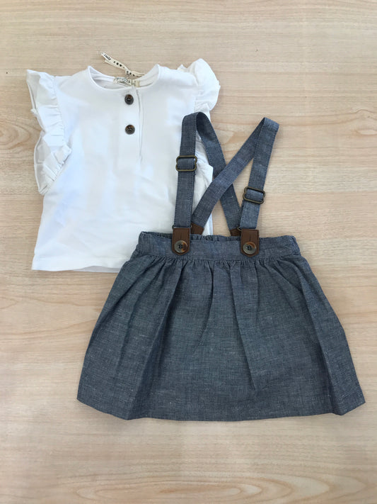 Completo Coccodè in cotone salopette con bretelle e gonnellina con t-shirt smanicata con rusche
