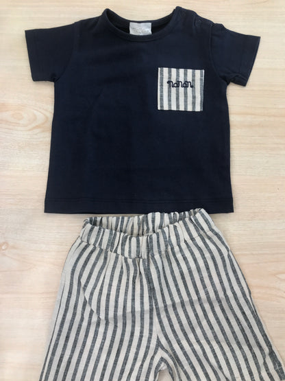 Completo Nanan in cotone due pezzi t-shirt mezza manica blu scuro con bermuda a righe