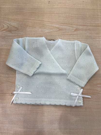 Cardigan Baby Lord in filo ad incrocio celeste chiaro traforato con fiocchetti