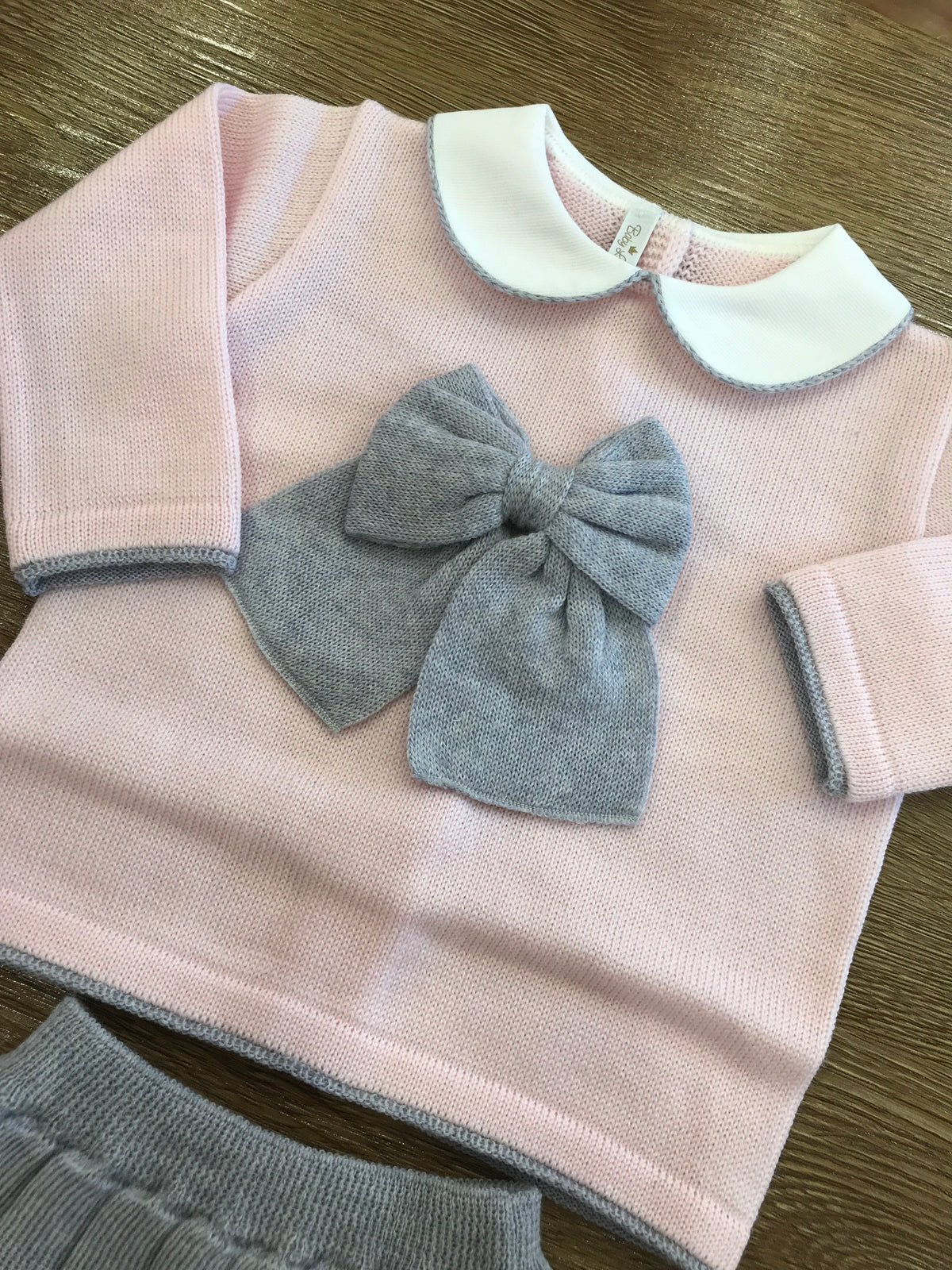 Completo Baby Lord in lana due pezzi rosa e grigio con fiocco centrale e gonna plissettata
