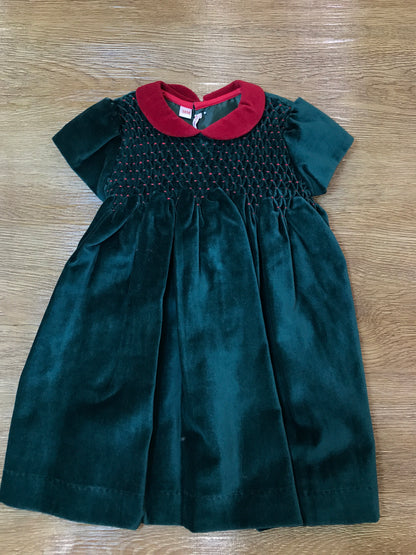 Abito Les Enfants de Gisele in velluto verde mezza manica con corpetto lavorato da punto smock e colletto con velluto rosso