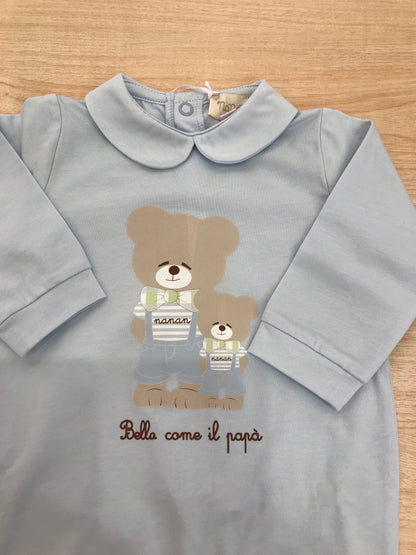 Tutina Nanan in cotone celeste manica lunga gamba lunga con orsetti sul davanti e scritto " Bello come il Papà"