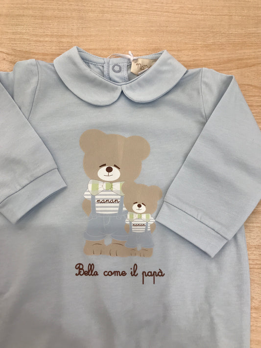 Tutina Nanan in cotone celeste manica lunga gamba lunga con orsetti sul davanti e scritto " Bello come il Papà"