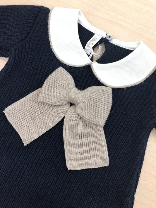 Tutina Baby Lord in lana a costa inglese blu scuro intera con fiocco tortora e colletto rifinito torortora