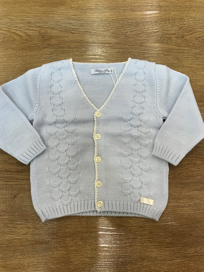 Cardigan Bebè di Almy in lana celeste con lavorazione sul davanti piccoli bottoncini e punto gambero sul davanti