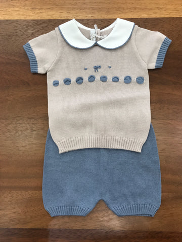 Completo Baby Lord in filo due pezzi tortora e avio con passanastro e fiocco ricamato mezza manica gambina corta