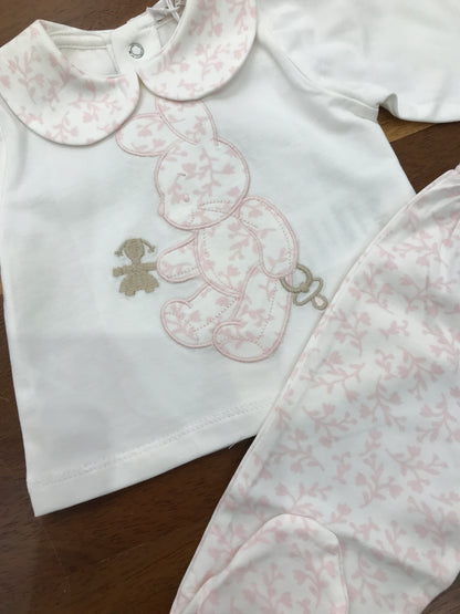 Tutina Le Bebè due pezzi in cotone bianca e rosa con colletto tondo con coniglio sul davanti