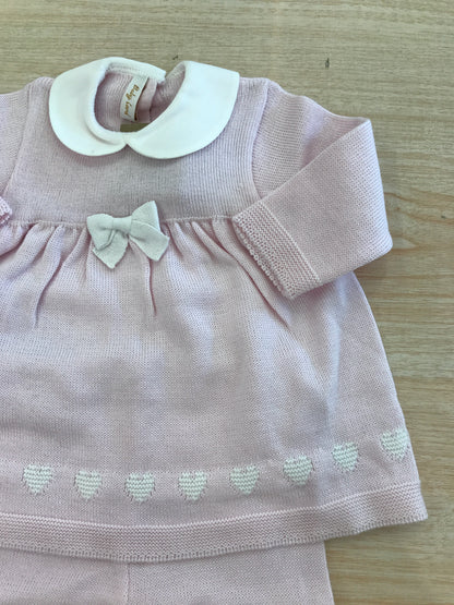 Completo Baby Lord in filo due pezzi manica lunga gamba lunga con fiocchetti bianchi e cuori ricamati