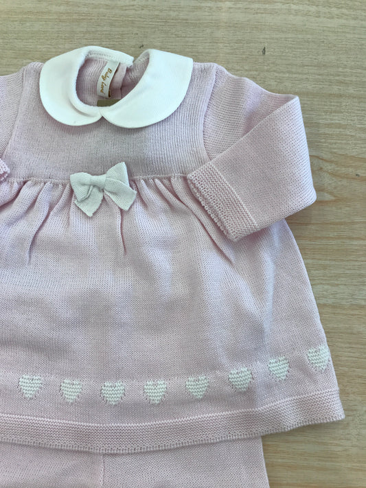 Completo Baby Lord in filo due pezzi manica lunga gamba lunga con fiocchetti bianchi e cuori ricamati