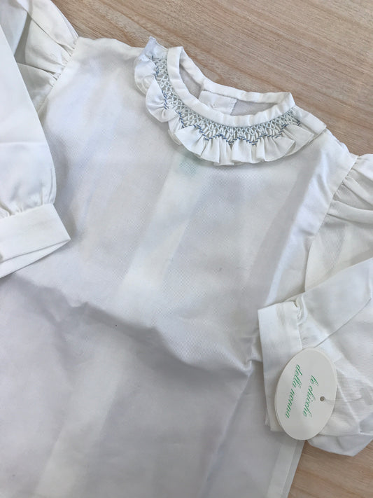 Camicia Le Chicche Della Nonna in cotone bianca con maniche a sbuffo e collo con rusche e lavorazione i punto smock