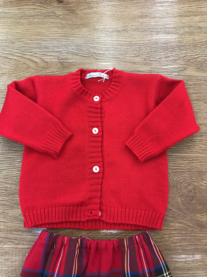 Completo Delizia Baby cardigan rosso con bottoncini e pantalone scozzese a sbuffo