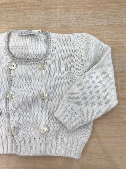 Cardigan Colibrì in filo bianco doppio petto con bottoncini e rifiniture grigie