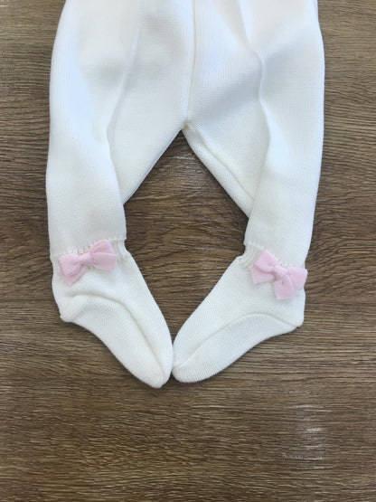 Tutina Baby Lord in lana panna due pezzi con piccoli fiocchetti rosa