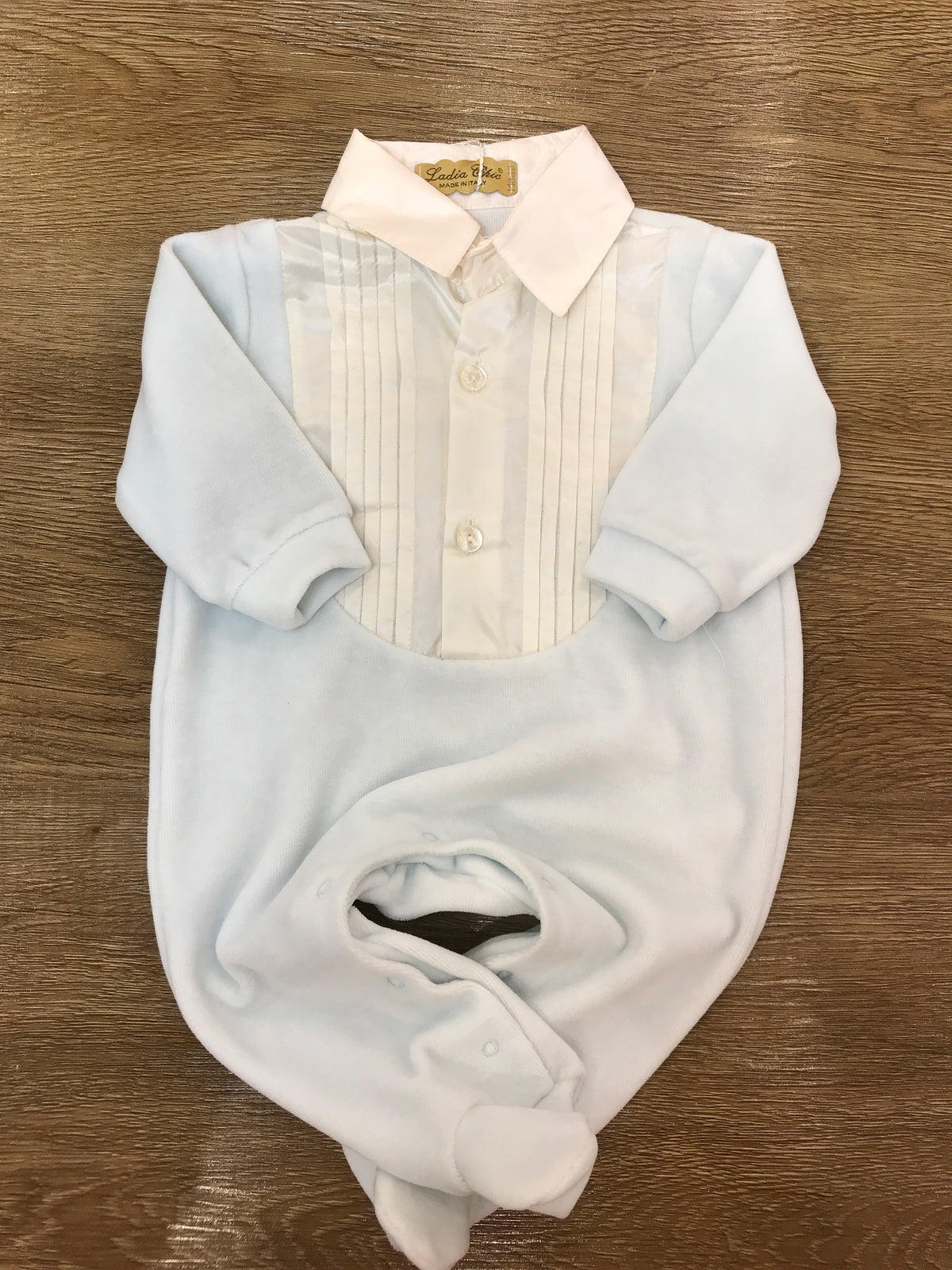 Tutina Ladia intera in ciniglia celeste con effetto finta camicia