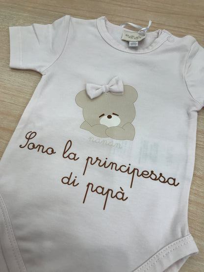 Body Nanan in cotone mezza manica con orsetto con fiocchetto e scritto " Sono la principessa di Papà"