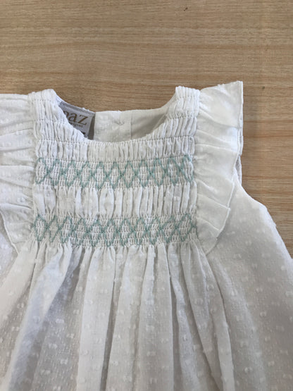 Completo Paz Rodriguez abitino bianco smanicato con corpetto lavorato da punto smock e culotte abbinata